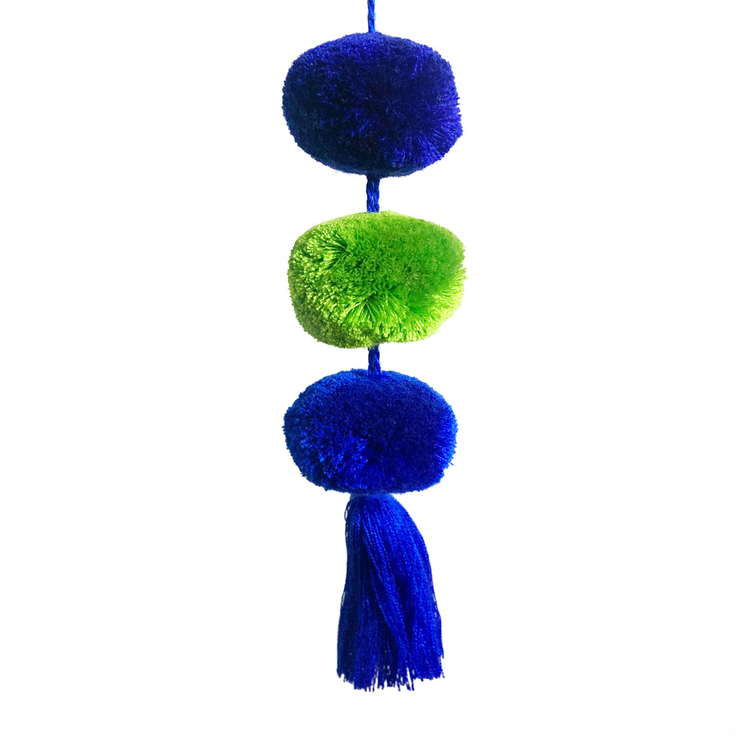Triple Pompom/Tassel, Indigo/Royal Blue/Lime Green
